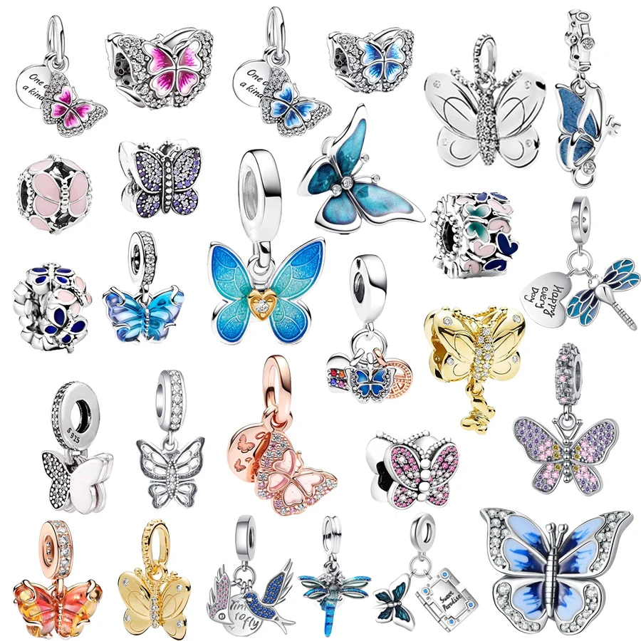 

Hot Sale DIY Sparkling Blue Butterfly、Dragonfly、Hummingbird Double Dangle Charm Beads Fit Original Silver Bracelet Women Jewelry