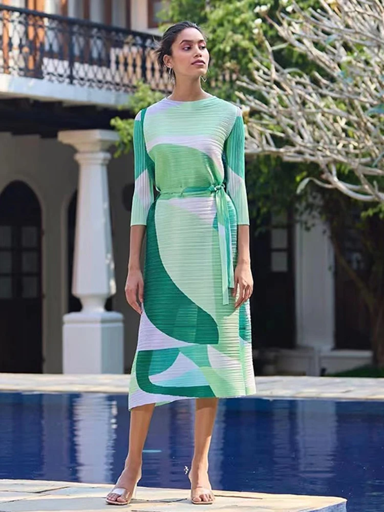 

Miyake Pleated Women Dress Hit Color Geometric with Belt Sashes Over Long Sweet Casual Fashion Tide Dresses of 2023 Summer New