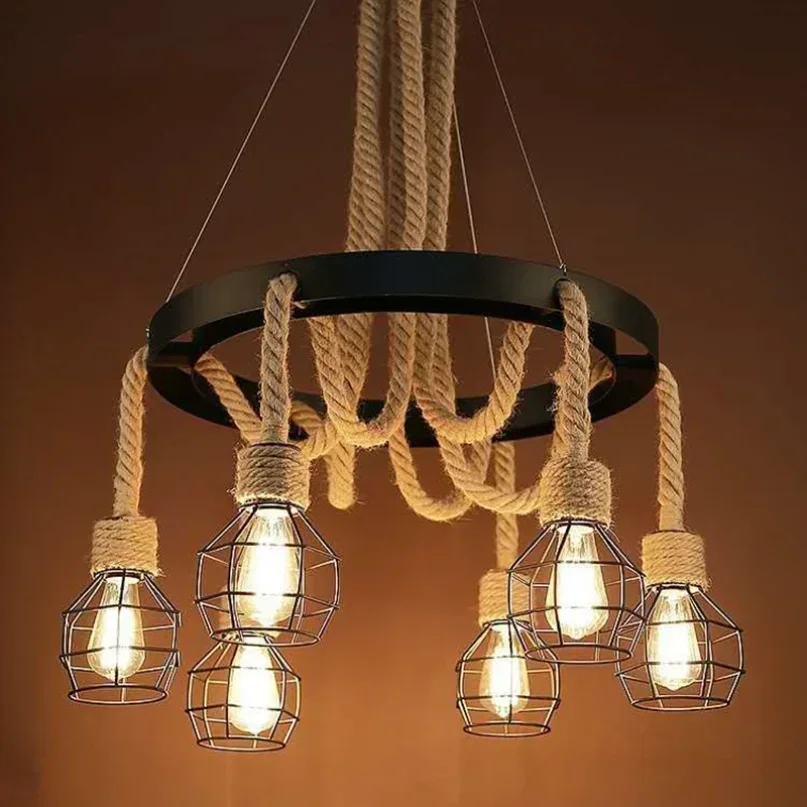 Industrial Rustic Pendant Lights Hemp Rope Indoor Lamp Para Sala Hanging Rope Lights for Living Dining Home Suspended Luminaire