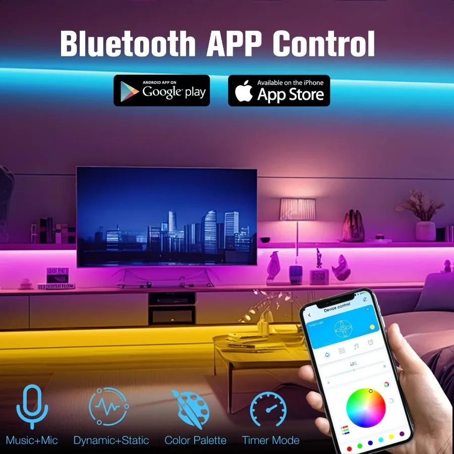 寝室用LEDライト 110フィート 1ロール LEDスマートストリップライト アプリ制御 リモコン付き RGB LEDライトストリップ 音楽同期 カラー