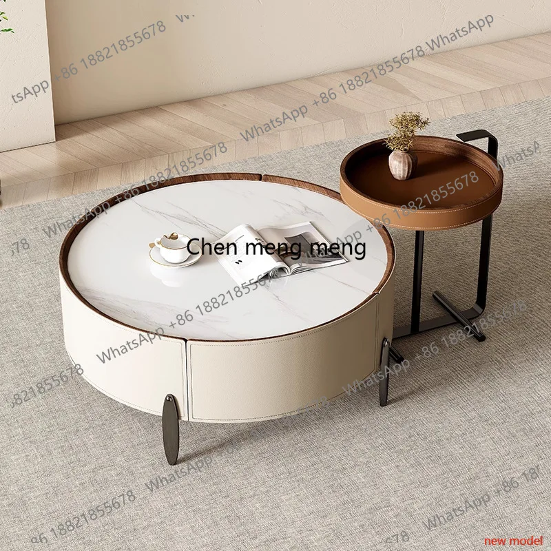 N138Saddle Leather Coffee Table Italian Design Modern Creative Coffee Table Round Rock Slab Living Room Furniture Salongbord