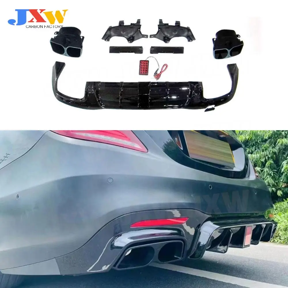 

Carbon Look Rear Bumper Diffuser Spoiler Exhaust Tips for Benz S Class W222 S450 S63 S65 AMG Sport 2018-2021 ABS Black Kits