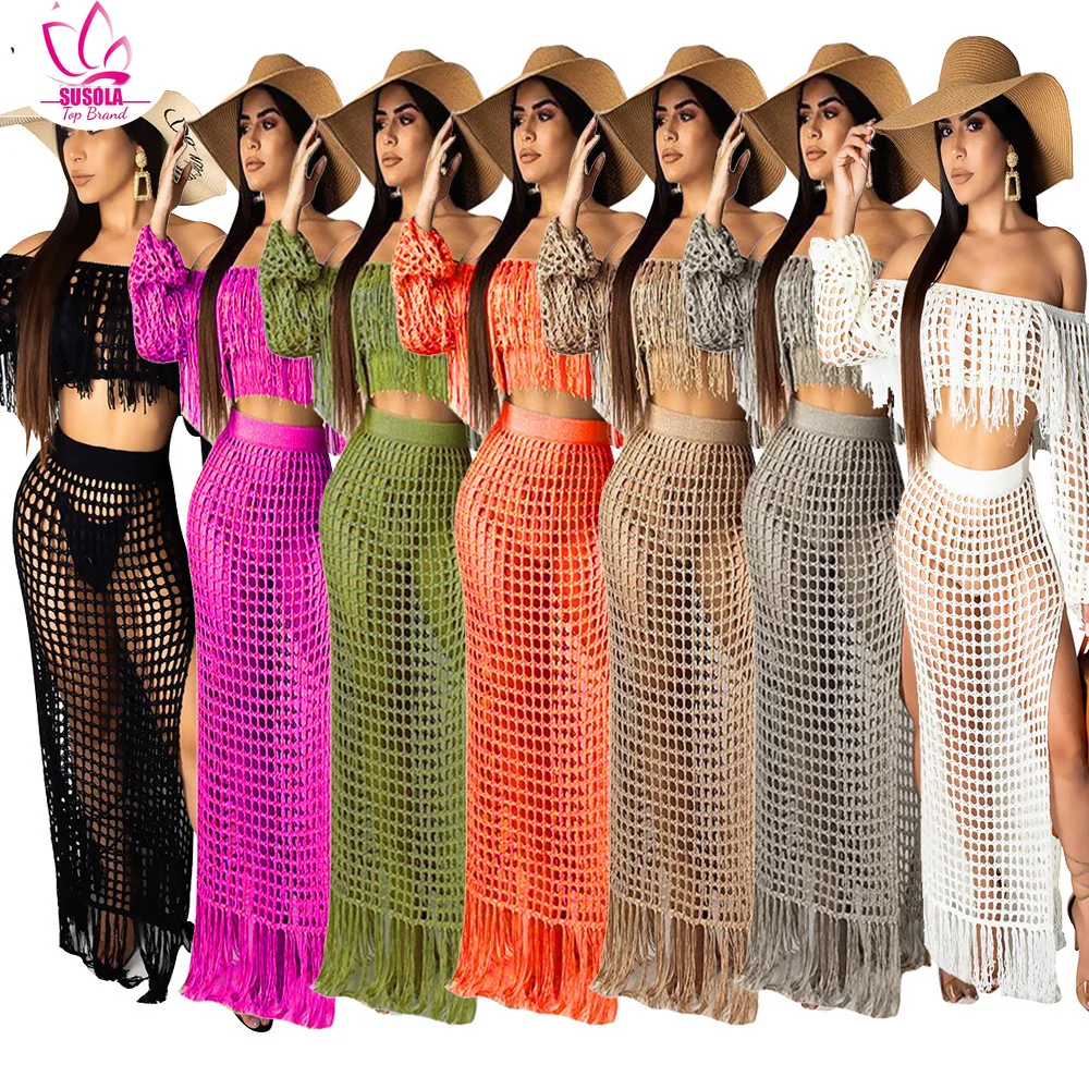 SUSOLA Tassel Summer Beach Dress Women Sexy Off Shoulder Maxi Dress Long Sleeve Boho Knit Crochet Hollow Out Party Long Dress