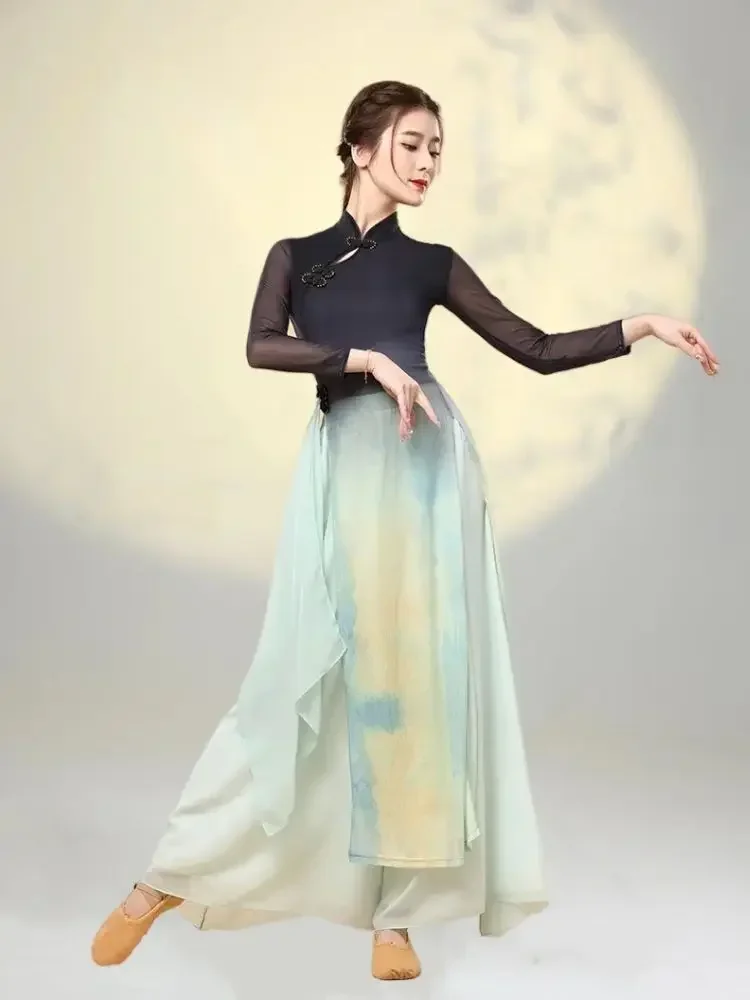 Classical Dance Women Elegant Training Dress Cheongsam Body Charm Gauze Chinese Dance Ancient Style Yoga Dress