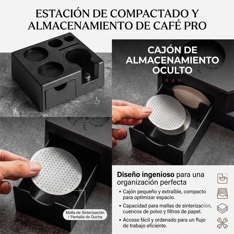 Base para prensar café en polvo, soporte para café en polvo. Se utiliza con portafiltros de café de 51, 53, 54 mm y 58 mm. Caja de almacenamiento multifuncional para máquinas de café. Accesorios para espresso. Estante para guardar herramientas de barista.