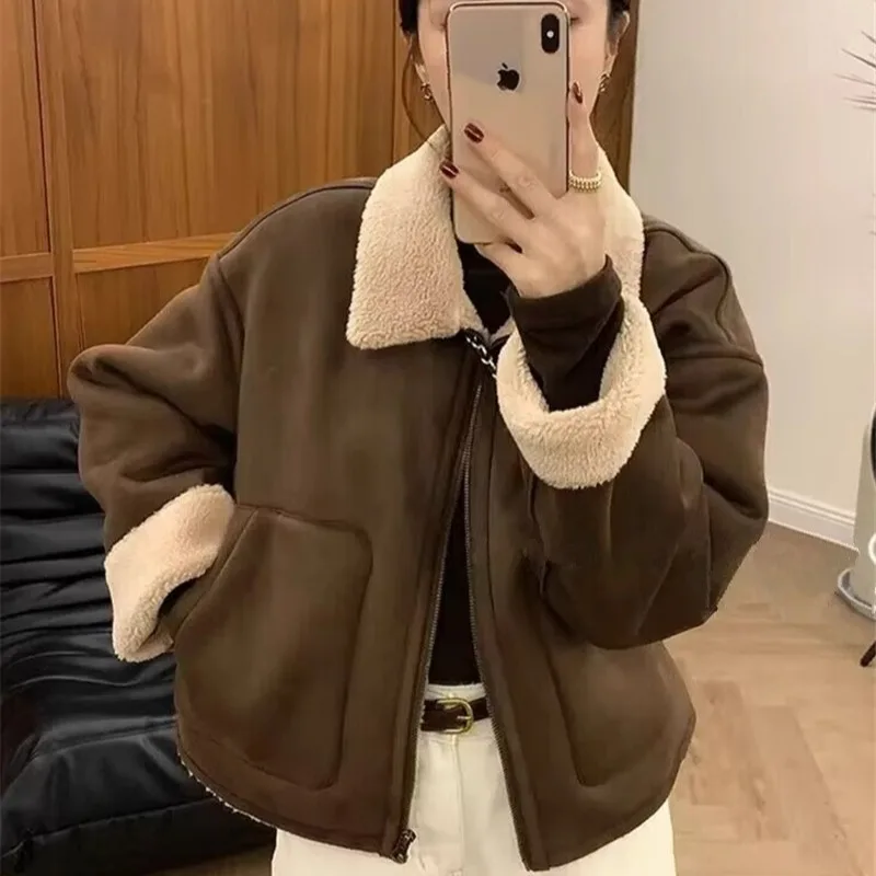 Thiened pele de cordeiro quente Jaet feminino motociclista Sle couro e pele outono inverno casaco ort fechamento com zíper C...