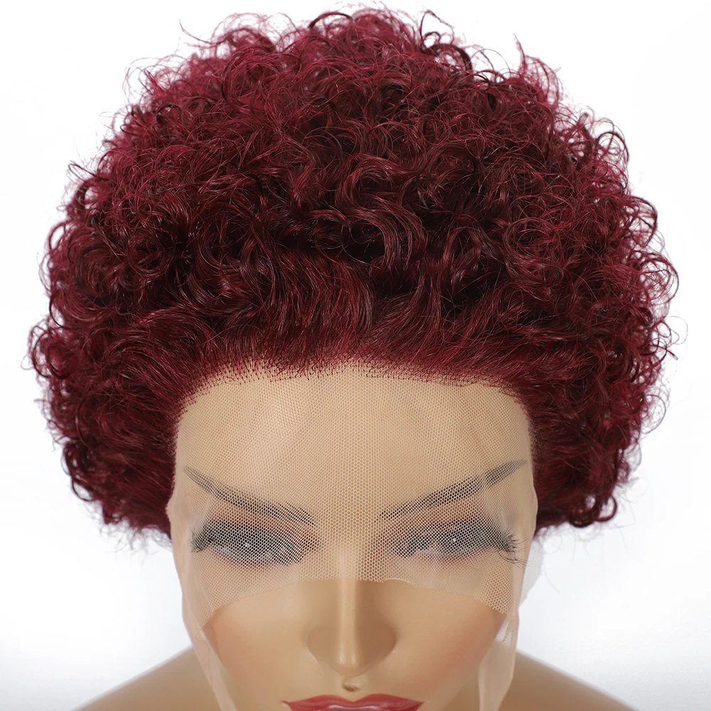 

Короткий кудрявый парик 99J темно-красного цвета, 13x1, с кружевной застежкой, из натуральных человеческих волос, бразильские волосы Remy Virgin, для чернокожих женщин.