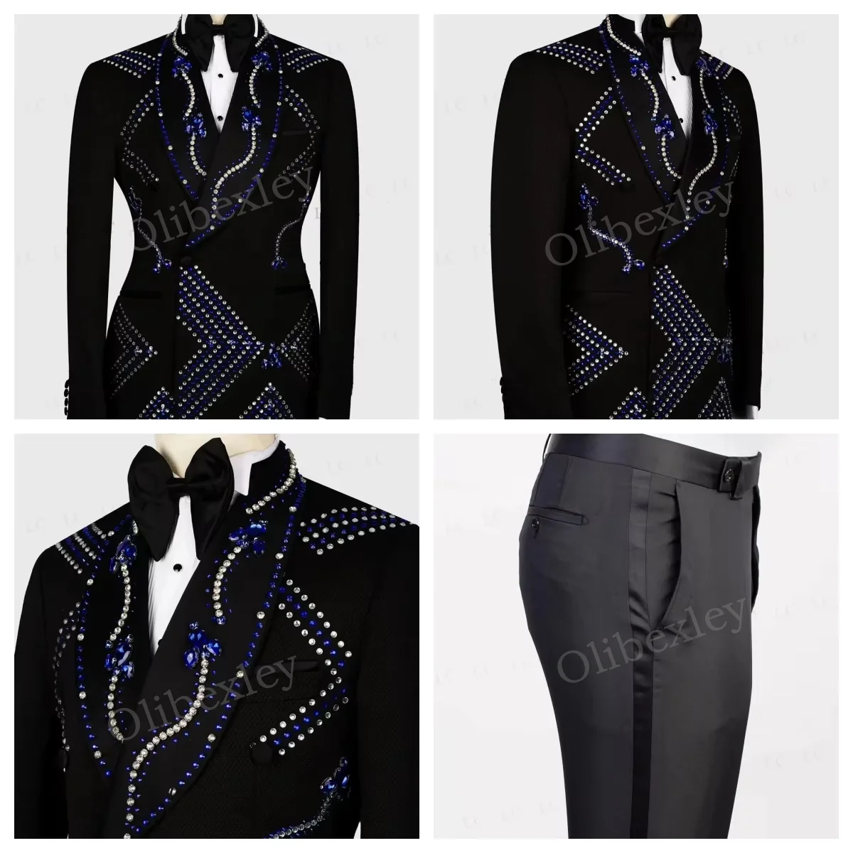 

Luxury Black Men 2 Pieces Set Suits Customized Beaded Crystals Lapel Double Breasted Slim Fit Tuxedos For Business Wedding Groom