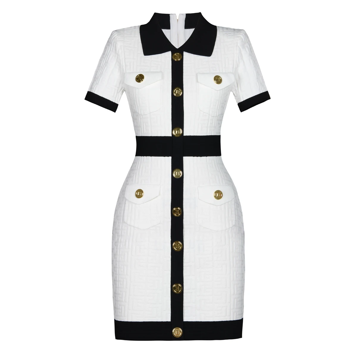 

Summer New Fashionable Style Commuter Collar Wanzi Pattern Slimming Button Women's Short Sleeve Knitted Zipper Short Dress