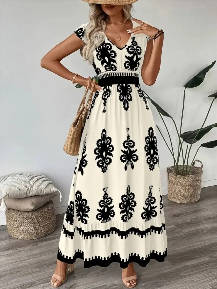 

Women's Print V Neck Maxi Dresses Summer Fashion Slim Body Casual Short Sleeve Big Hem Elegant Ladies Holiday Wind Beach Dress