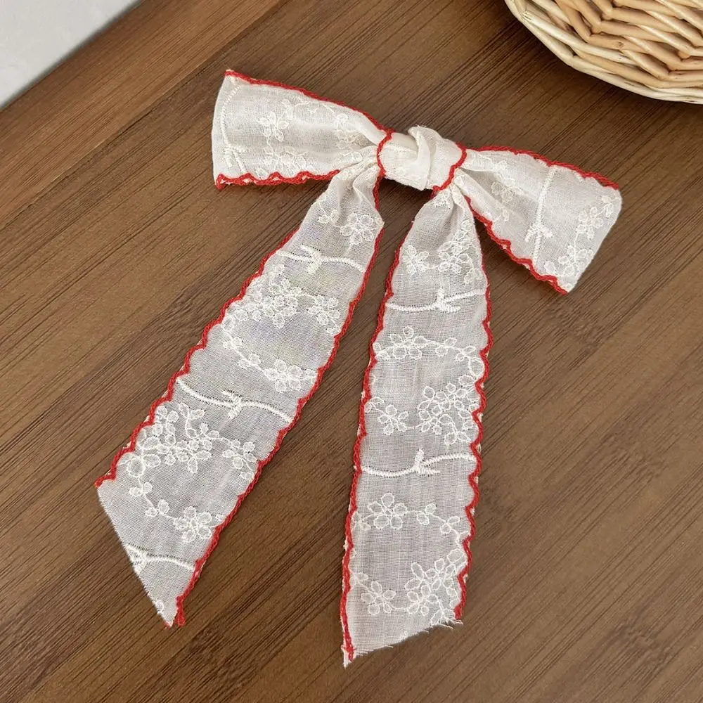 Lace-trimmed Bow Hair Clips Long Tail Versatile Bow Ribbon Hair Clip Handmade Floral Embroidery Simple Lace Hair Clip
