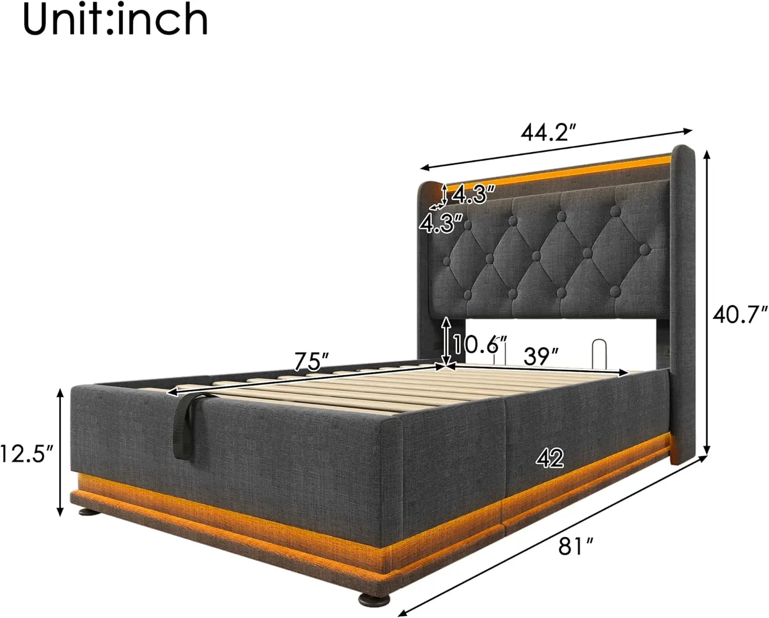 Luspaz Twin Size Pu Upholstered Platform Bed Frame With Wingback Headboard, Hydraulic Storage, Usb, Bed With Surround Led And