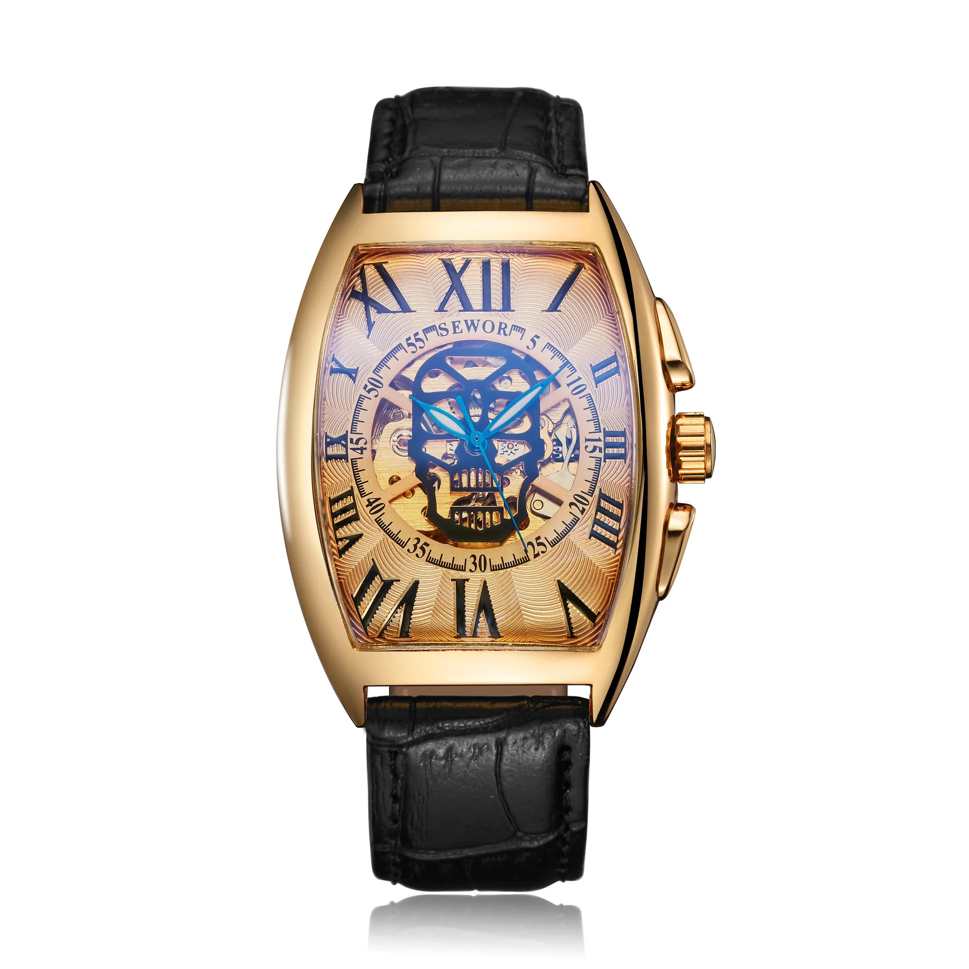Stainless Steel New Tonneau Skeleton Tourbillon Self-Wind Automatic Mechanical Watch for Men