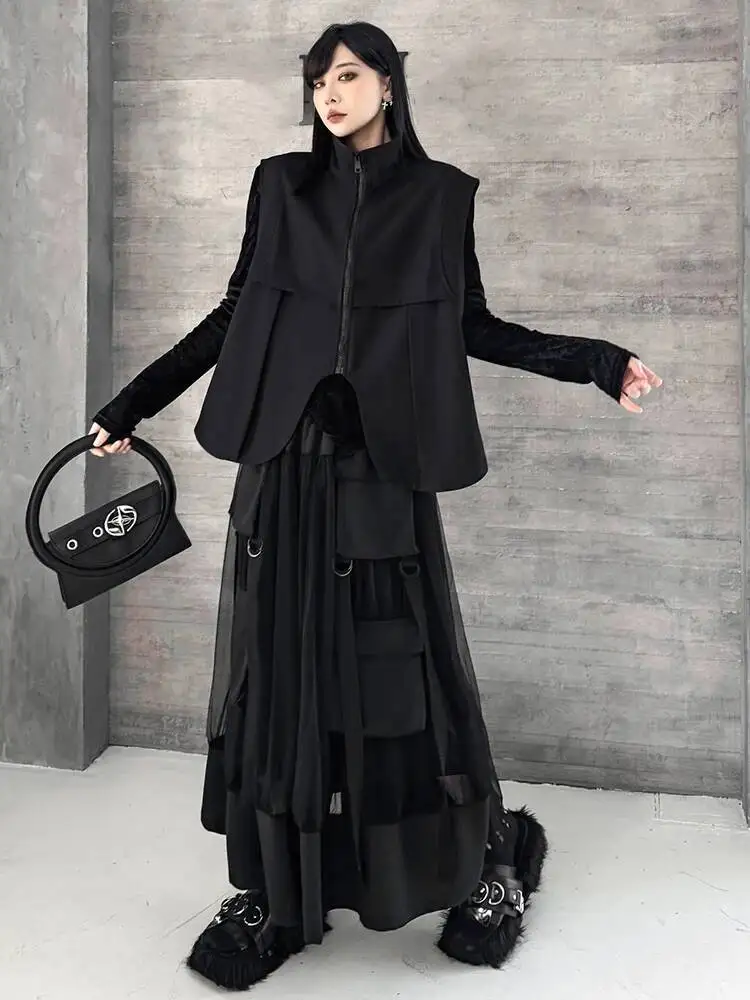 

Big Size Black Vest Mesh Skirt Two Pieces Suit New Stand Collar Sleeveless Women Fashion Spring Autumn 2026 WYIJ