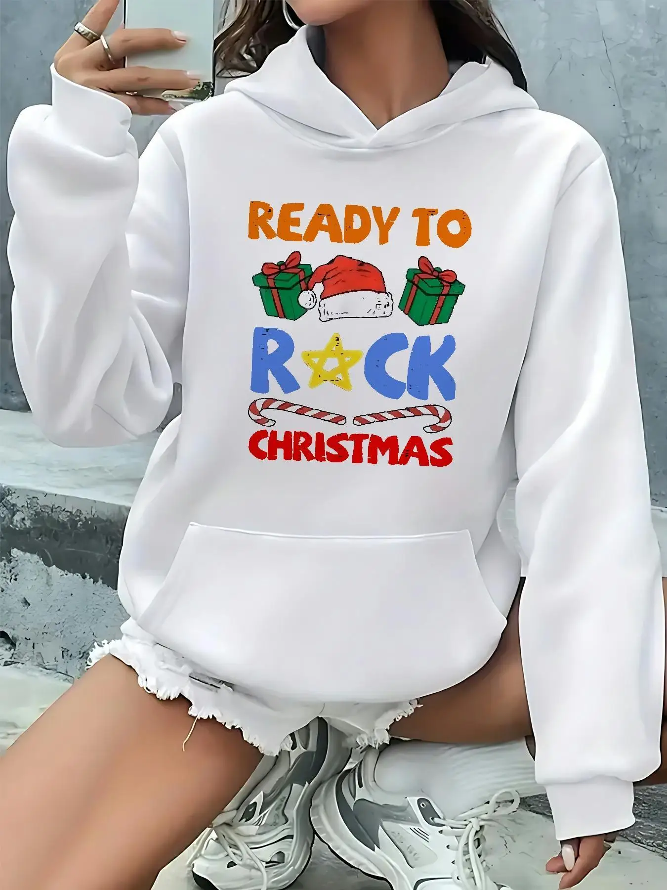 

[Qqdx] Рождественская тема, женская толстовка с капюшоном, повседневный пуловер с длинными рукавами для осенне-зимней повседневной одежды, толстовка с капюшоном