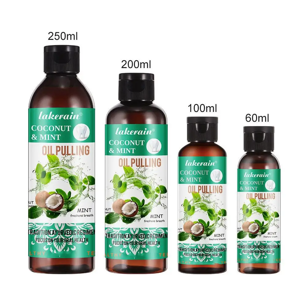 60/100/200/250Ml Kokosmmint Trekkende Olie Mondwater Alcoholvrije Tanden Bleken Verse Orale Adem Tong Schraper Set Mond Genezen