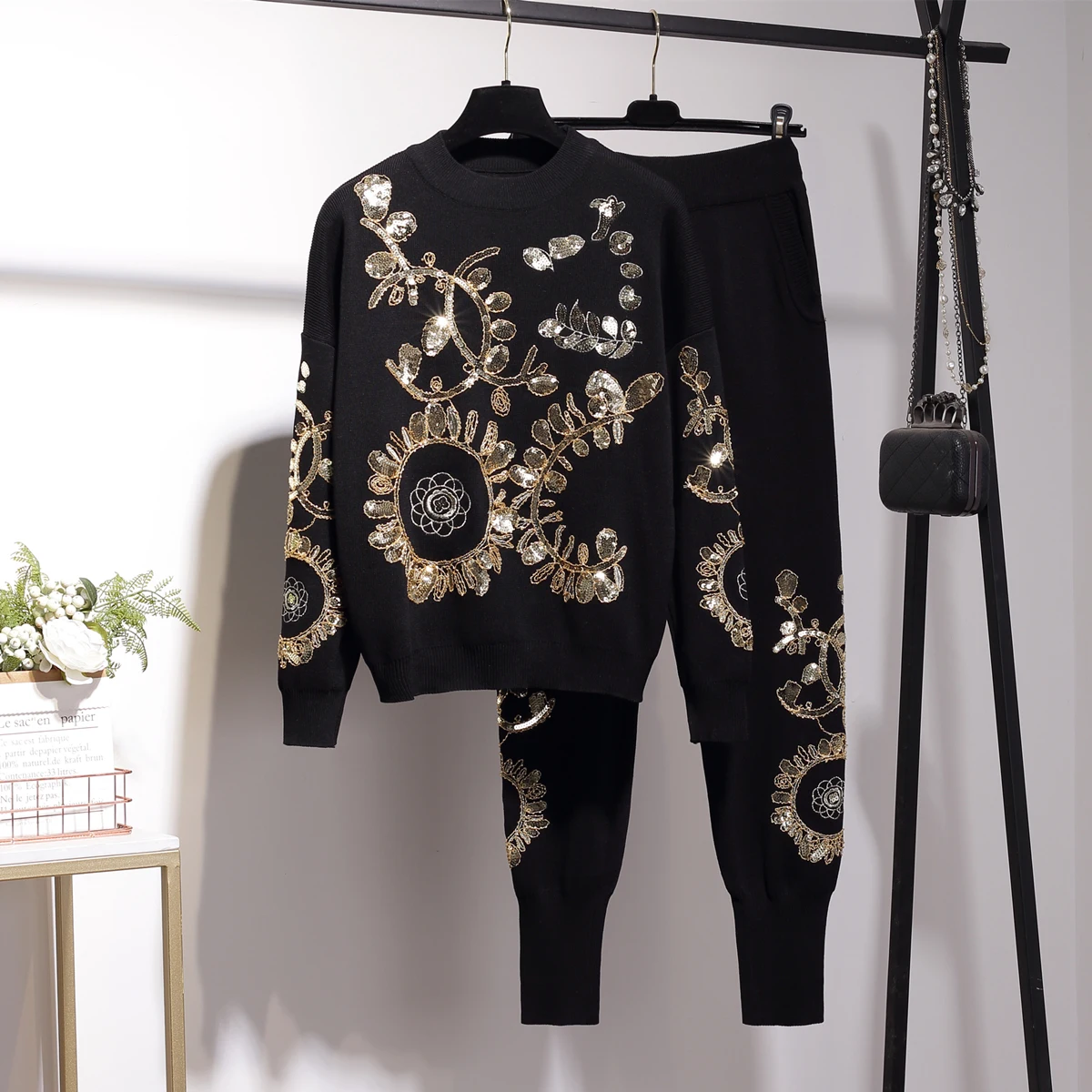 Plus Size Fashion Tracksuit Women Flower Sequined Pencil Knitted Sweater Pullover Two Pieces Set Sports Casual Set