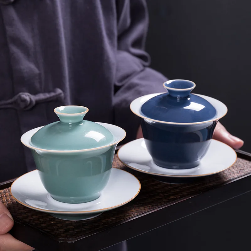 Dehua White Porcelain Color Glaze Simple Chinese Kung Fu Tea Cover Bowl Small Three Cup Tea Bowl Tea Cup