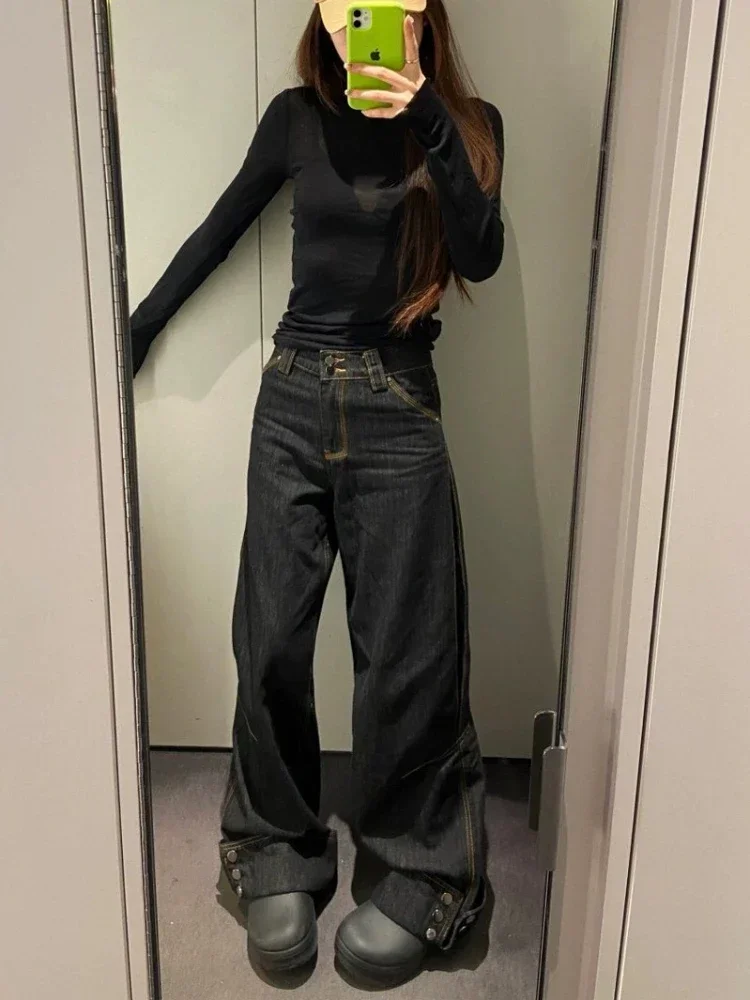 ADAgirl Vintage Black Wide Leg Jeans with Rivets Y2k High Wasit Denim Pants Women Korean Style Kpop Baggy Harajuku Trousers New