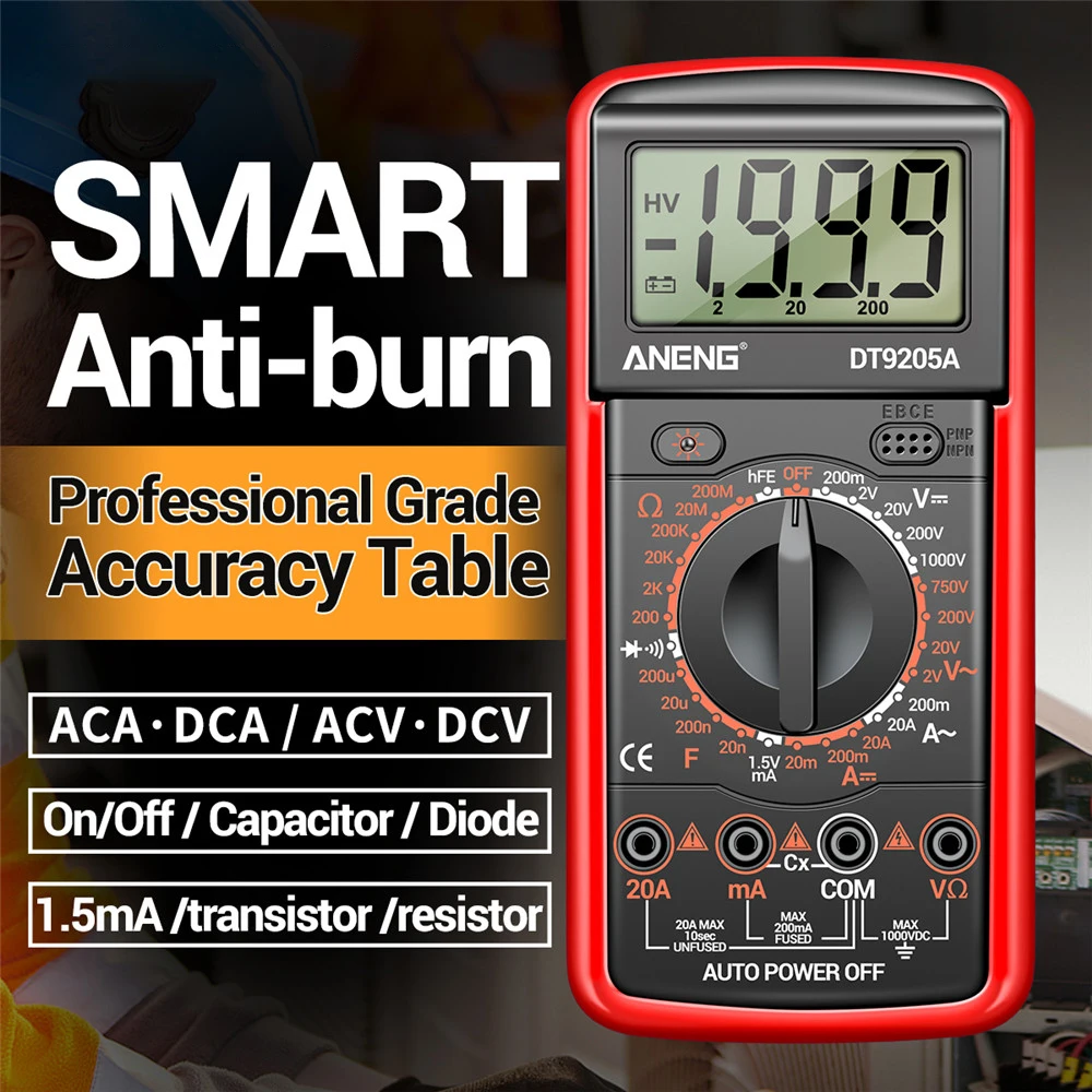 

ANENG DT9205A Digital Multimeter AC/DC Transistor Tester Electrical NCV Test Meter Profesional Analog Auto Range Multimetro