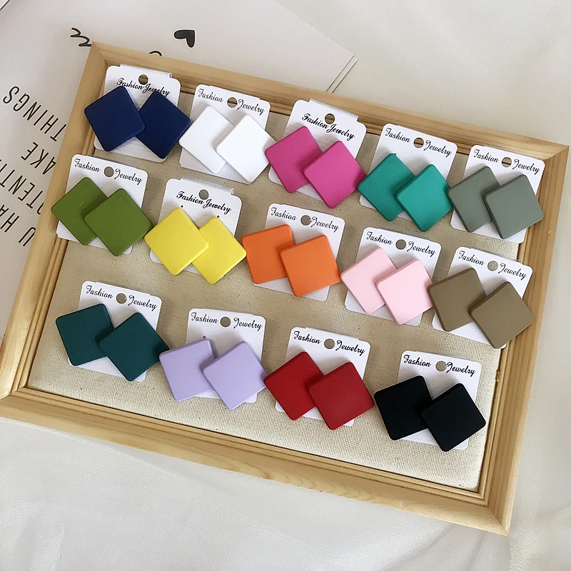 S925 20 Colors Square Earrings Frosted Paint Geometric Exaggeration Candy Color INS Korea Solid Color Acrylic earrings