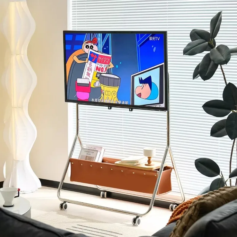 Mobile TV Bracket Stainless Steel TVs Supports Stand Aesthetic Organizer Rack Nordic Multifunctional Storage Shelf with Wheels