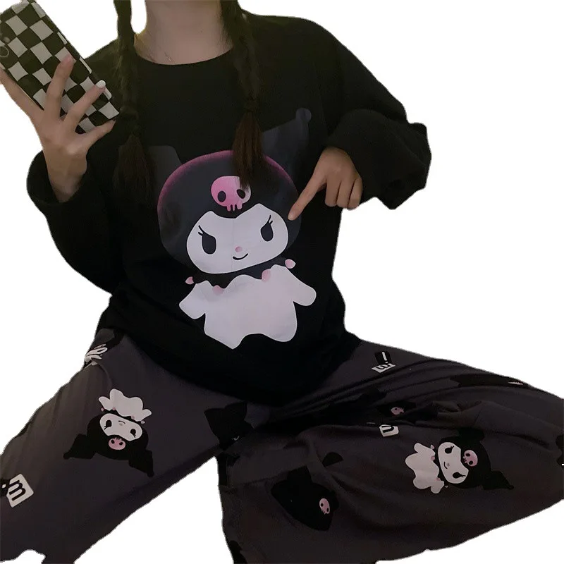 Sanrio Kuromi Round Neck Household Clothes Autumn Winter Pajamas Women Long Sleeved Trousers Loose Two-piece Household Clothes