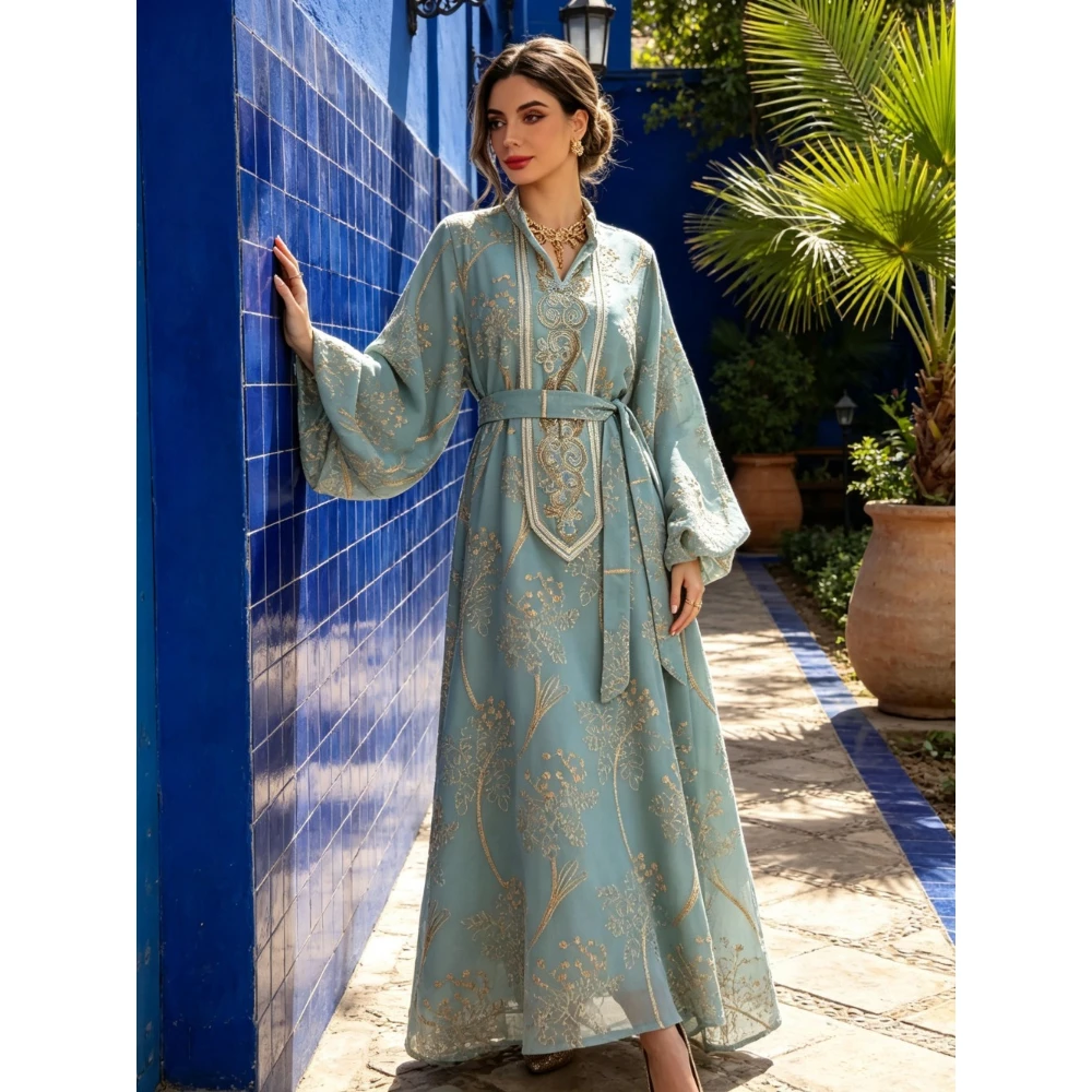 Customized Bell Shaped Sleeve Waist Cinched Long Dress Young Luxury A-line Pleated Muslim Evening Gown Suitable for Banquets