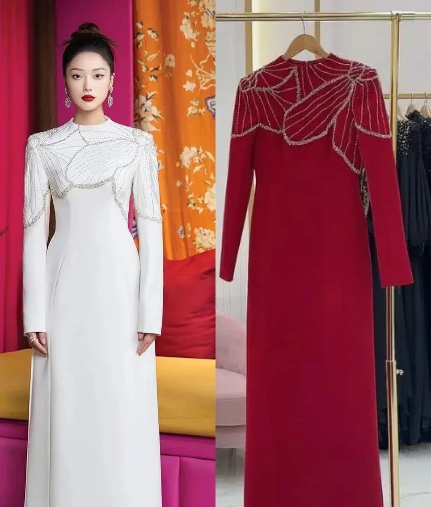 

MCDV Customized Formal Jersey Straight Sequined Beading Crystal Flowers Evening Dress High Quality O-neck After Party Dress