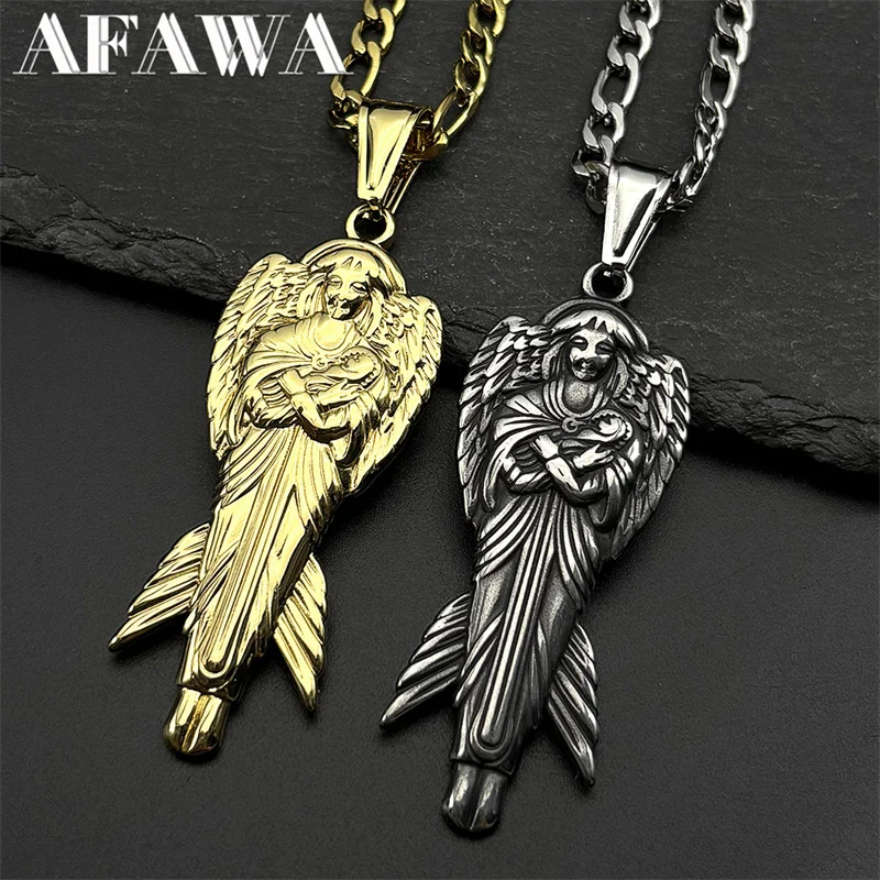 

Christian Archangel Hold Baby Pendant Necklaces for Women Men Stainless Steel Gold Color Religion Angel Wing Punk Chain Jewelry