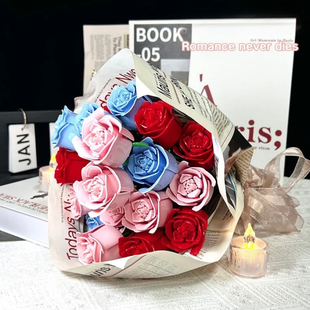 MOC Eternal rose flower building blocks in various colors, perfect for home decoration and ideal gifts for girls and mothers