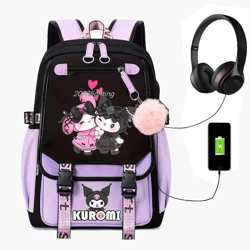 Urocze plecaki z melodią Kuromi Cosplay Unisex szkolna torba patchworkowa kreskówkowy tornister laptopa podróżna mochile