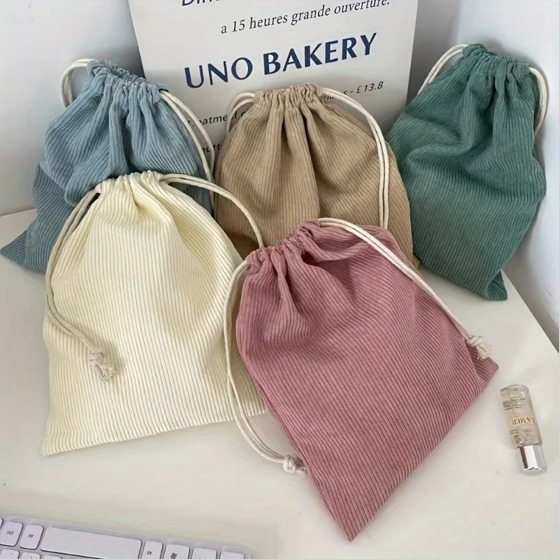 Corduroy Drawstring Storage Bags Set - Lightweight Solid Color Portable Makeup Pouches with Large, Medium