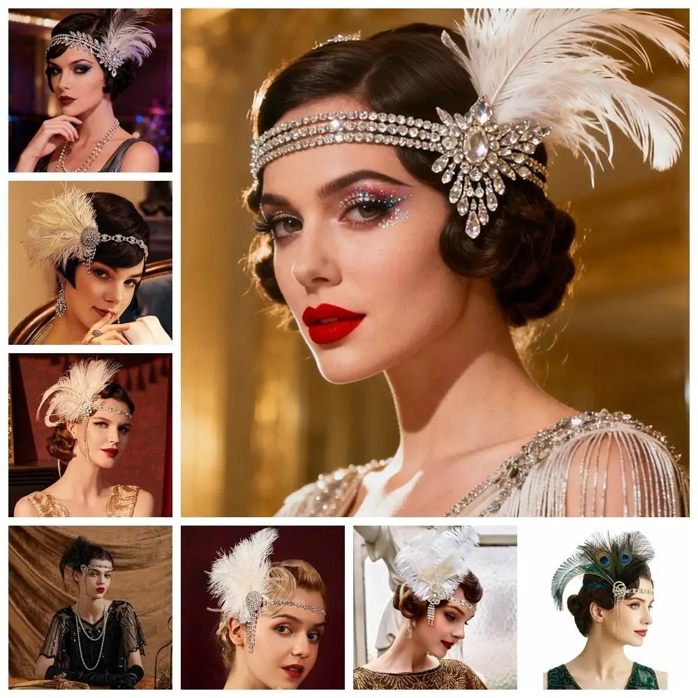 Trendy Vintage Feather Headband Sequin Crystal Cosplay Dress Headwear Tassel Makeup Party 1920s Hair Accessories Women