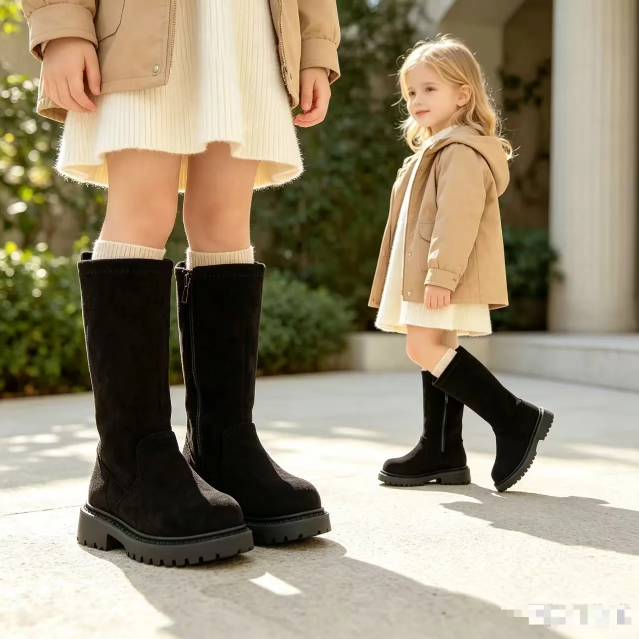 Winter Girls Long Boots Black Suede Leather Platform Autumn Trendy Children Boots Zipper Knee-length Handsome Stylish Kids Shoes