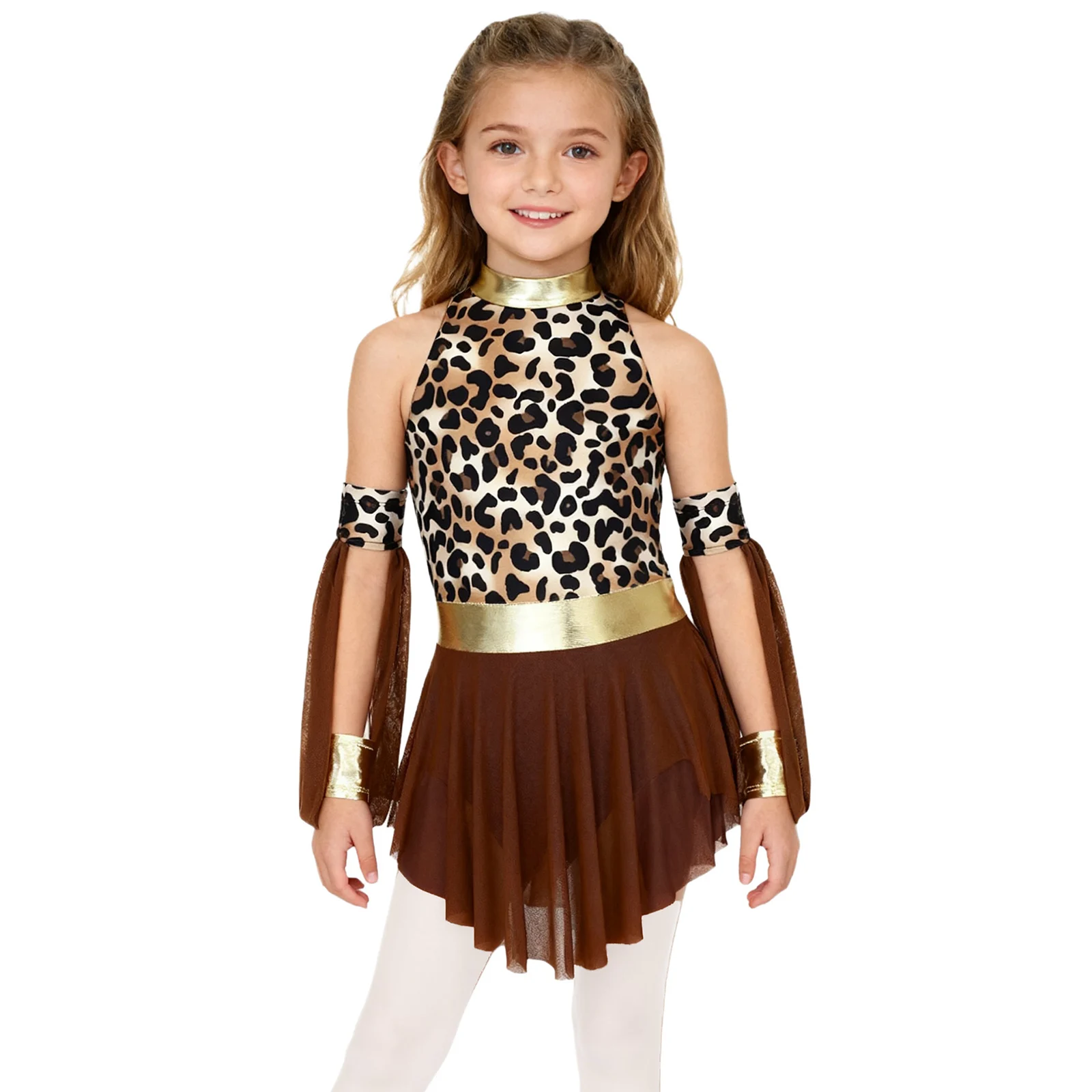 Halloween Caveman Costume Set Metallic Leopard Print Prehistoric Cave Girls Leopard Dress And Oversleeves Performance Outfits