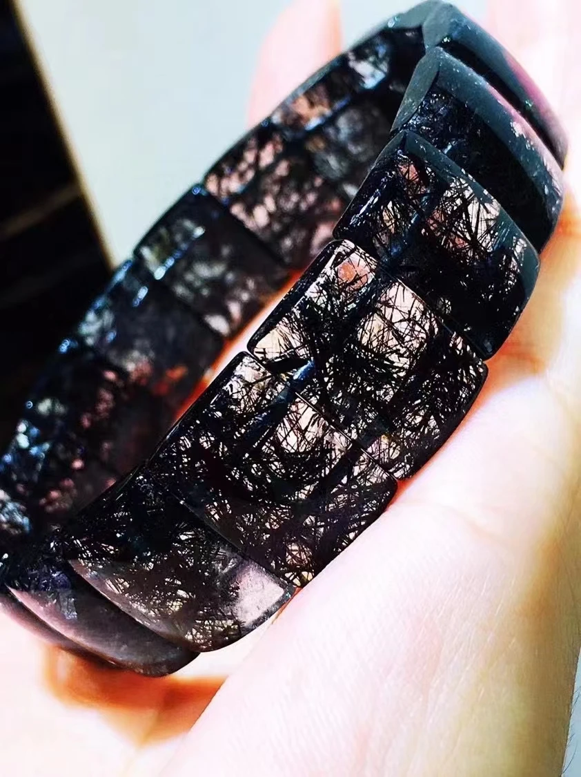 

Natural Black Rutilated Quartz Clear Rectangle Beads Bracelet 16x11.9x5.8mm Stretch Women Men Black Rutilated Rare AAAAAA