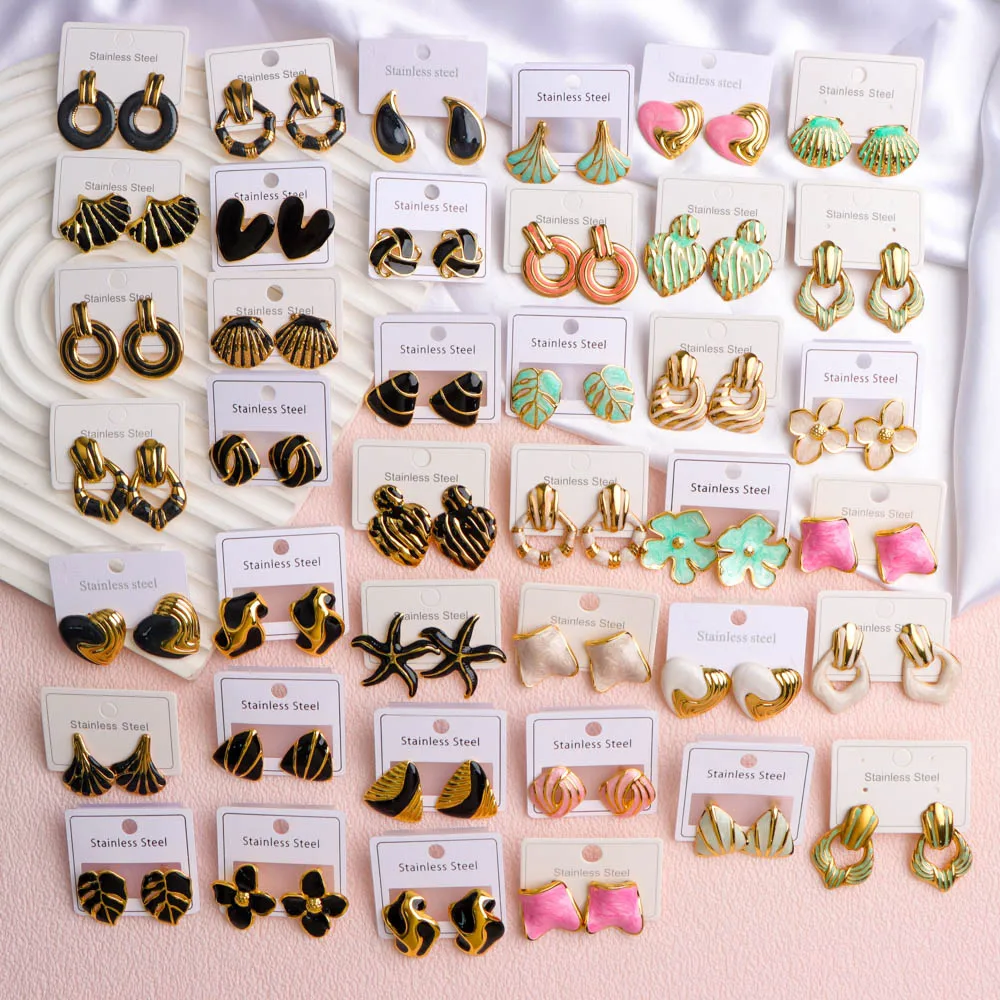 10/20Pairs/Lot Fashion Sweet Colorful Heart-shaped Shells Geometry Enamel Women's Earrings Banquets Party Jewelry Gifts