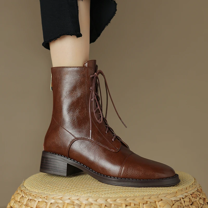 2024 Winter Retro Women Boots Lace Up Chelsea Boots Round Toe Women Shoes Short Boots Genuine Leather Ankle Boots Western Boots