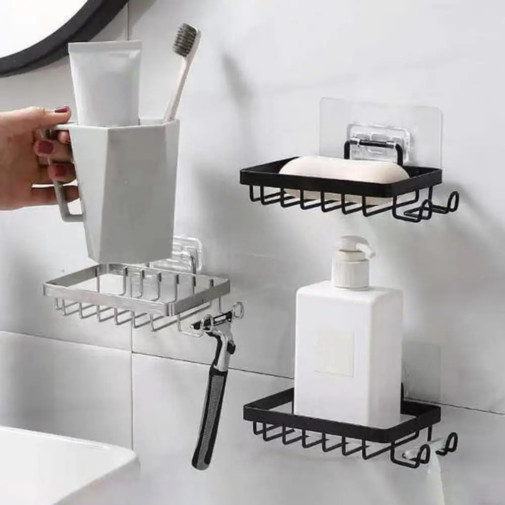 Stainless Steel Soap Holder Wall Mount Soap Dish Organizer With Side Hooks Space-saving Punch-free Rust-proof Bathroom Holder