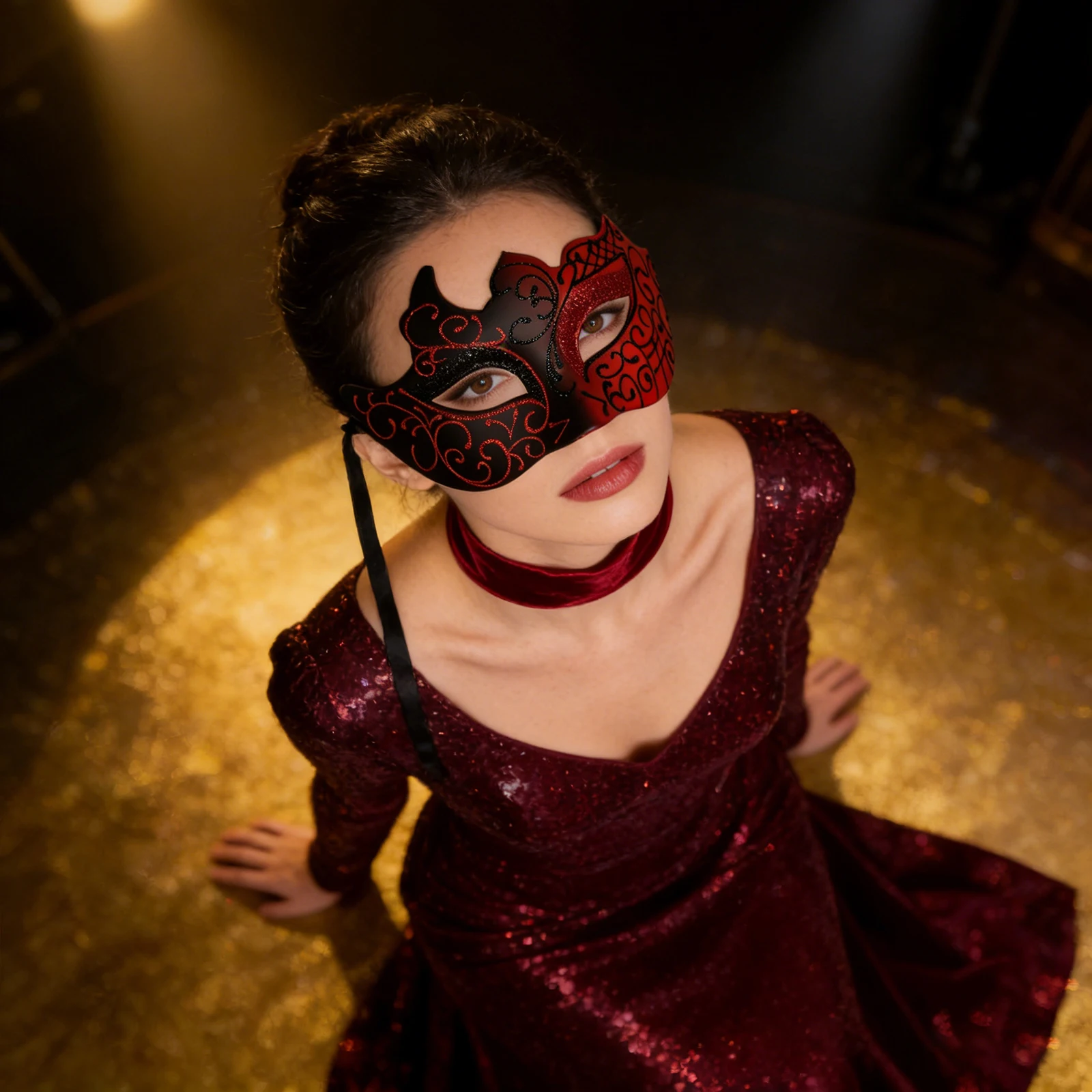 Masque de Venise rouge et noir à paillettes pour femmes - Masque de fête de mascarade, masque décoratif pour la Saint-Valentin, motif orné de pierres précieuses dorées