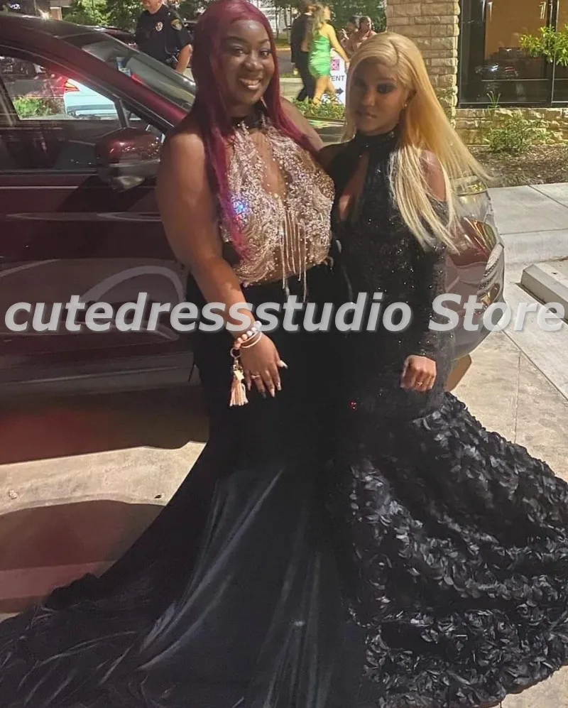 Sexy See Through Mermaid Prom Dresses 2024 Blackgirl Crystal Velvet Mermaid Party Gowns African Women Vestidos De Festa