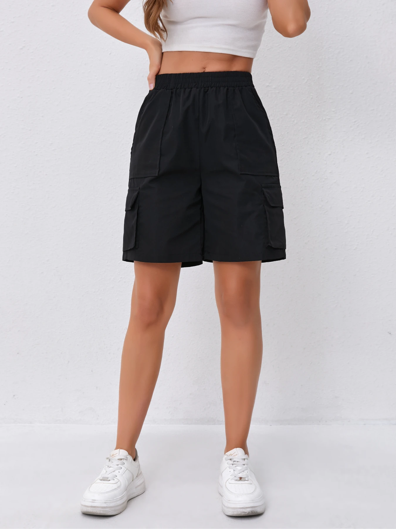 Pantaloncini cargo corti a vita alta Y2K da donna con tasche laterali per sport casual all'aria aperta.