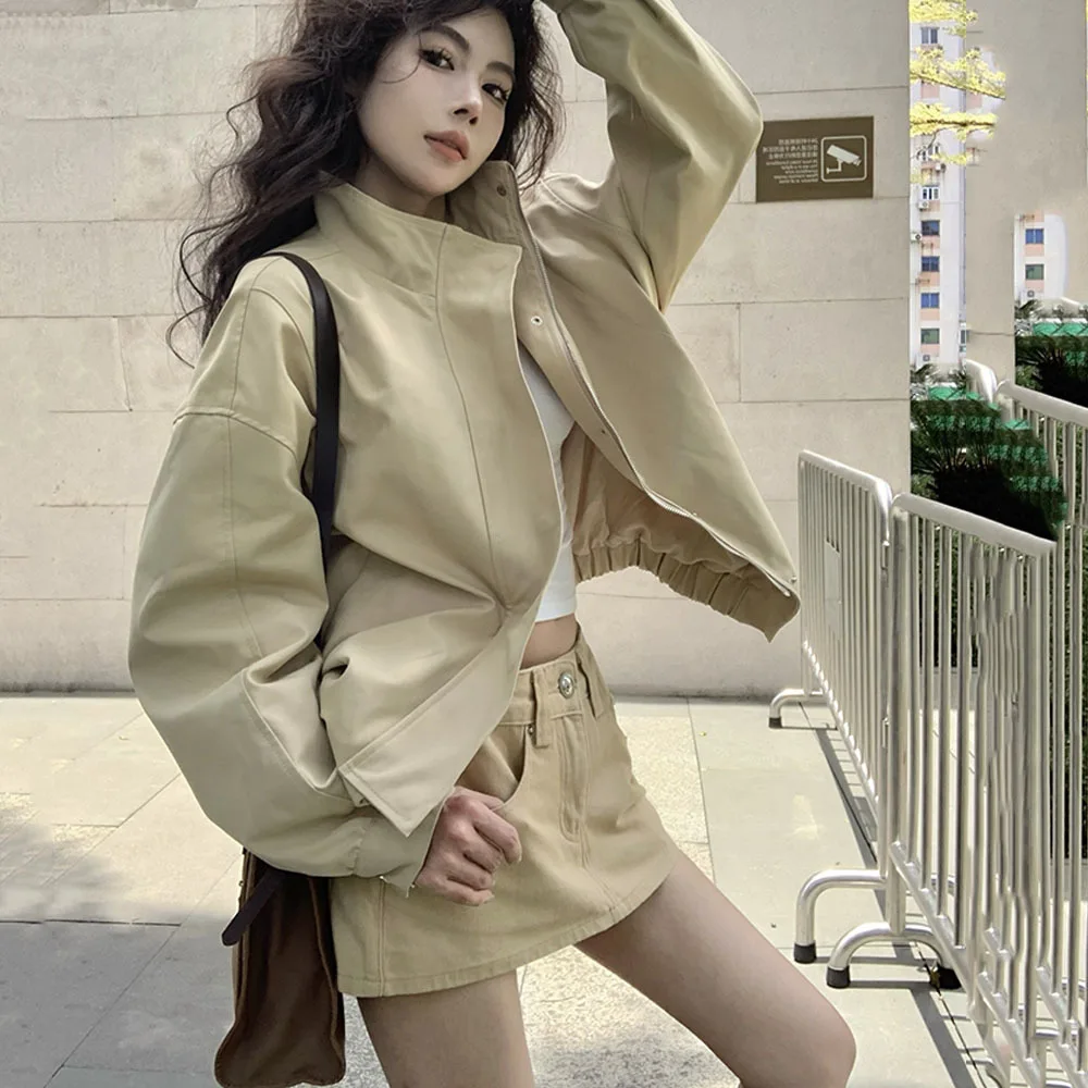 Streetwear White Jacket Women Y2K Long Sleeve Khaki Stand Collar Coat Autumn Korean Fashion Zipper Temperament Windbreak Tops