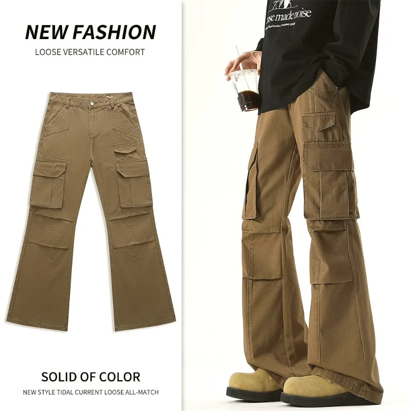 

2025 New American Style Casual Loose Flared Jeans High-Waisted Unisex Design Multi-Pocket Workwear Washed Pants