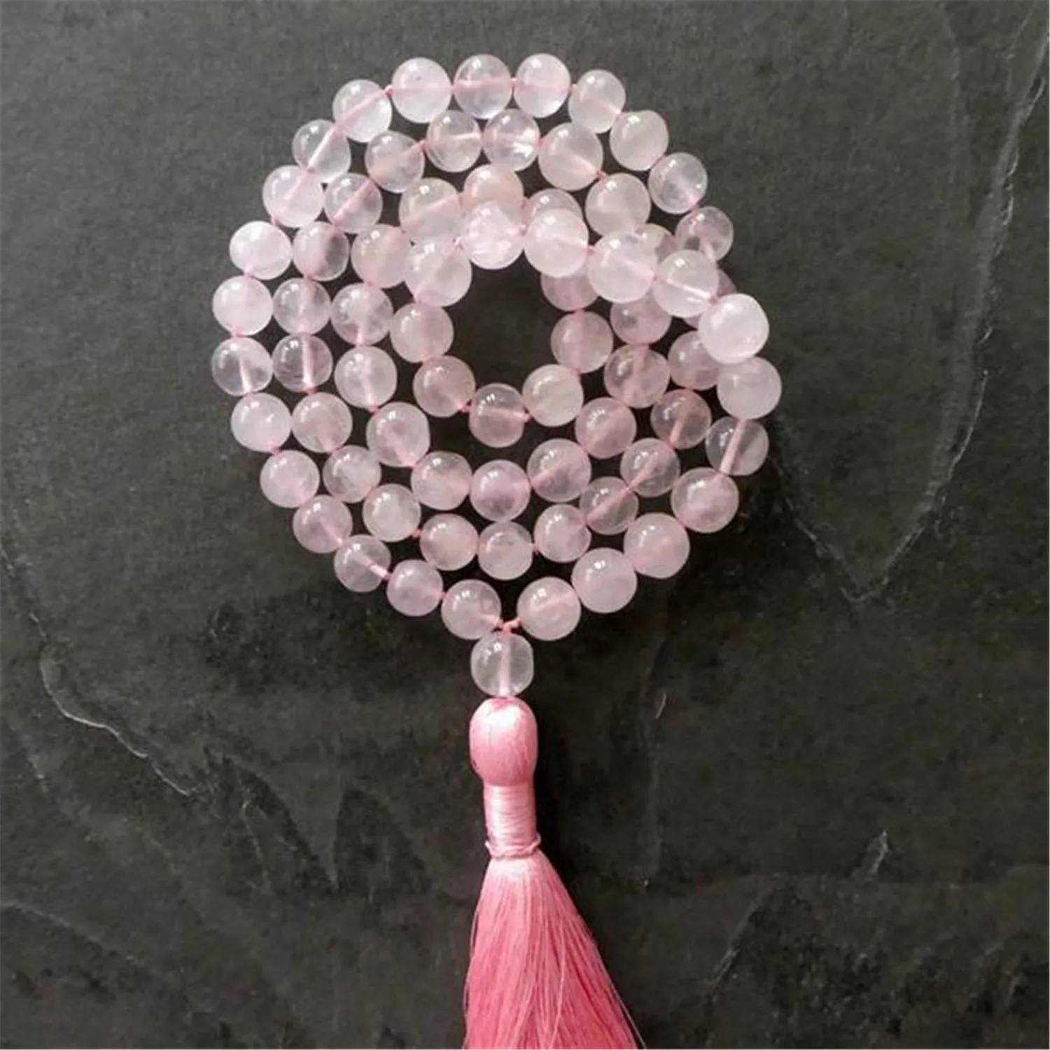 8mm Natural Rose Quartz Gemstone Tassel Necklace 108 Beads Trendy Hipster Bohemian Unisex Opera length Men's Zen Pendant Mala