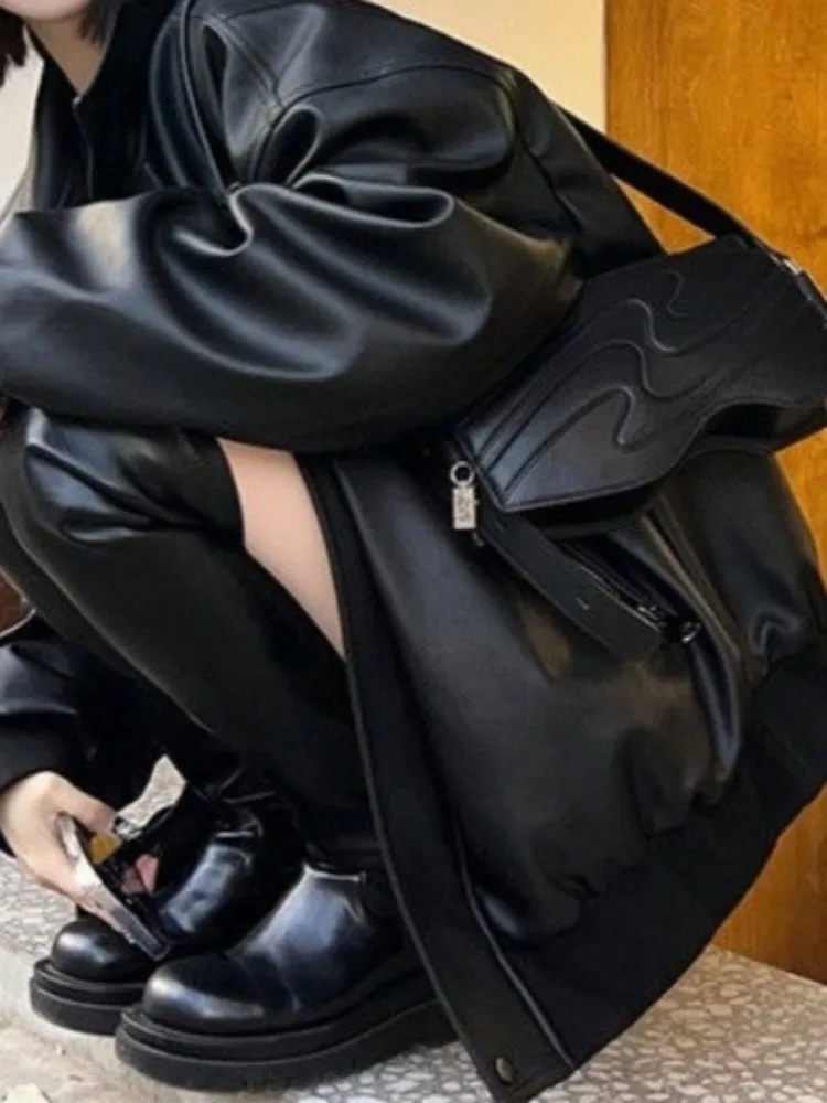 Causal Black Zipper Leather Jacket Women Punk Style Korean High Street Leather Jacket 2025 Autumn Retro Fashion Moto Coat Pocket