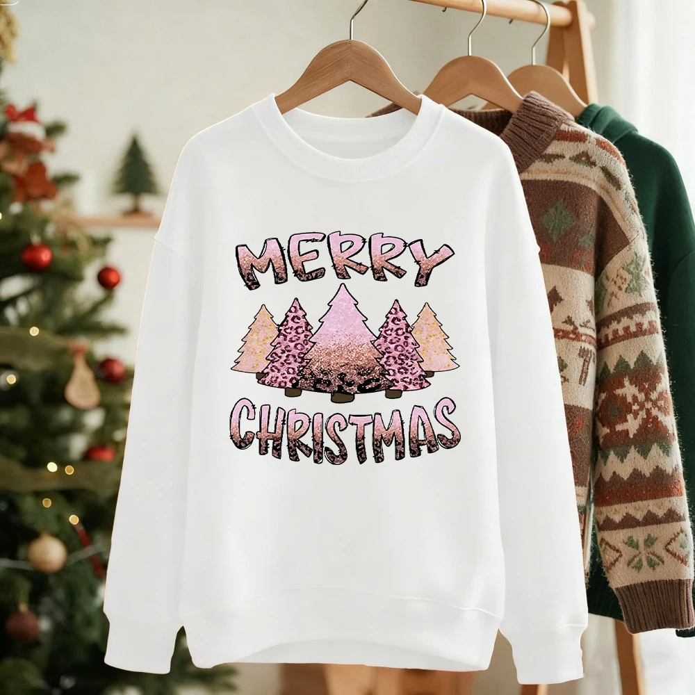 Merry Christmas Creative Trees Prints Sweatshirts Women Loose Soft Hoodies Fleece Warm Crewneck Clothes Winter Casual Pullovers