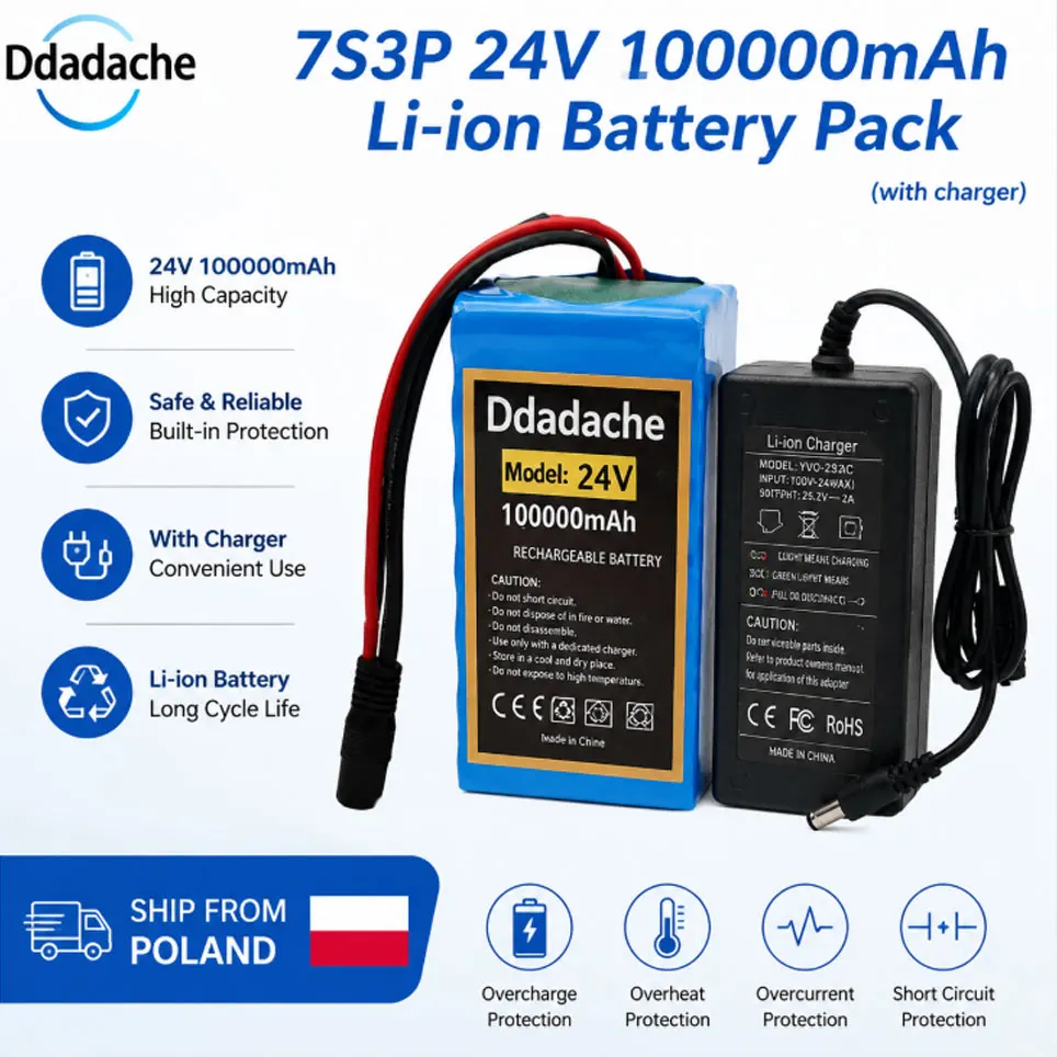 EU-Lager 7S3P 24V 100Ah 18650 Lithium-Ionen-Akku-Pack 29,4V 2A Ladegerät Wiederaufladbarer Ersatzakku für Elektrofahrrad E-Bike Moped Elektroroller