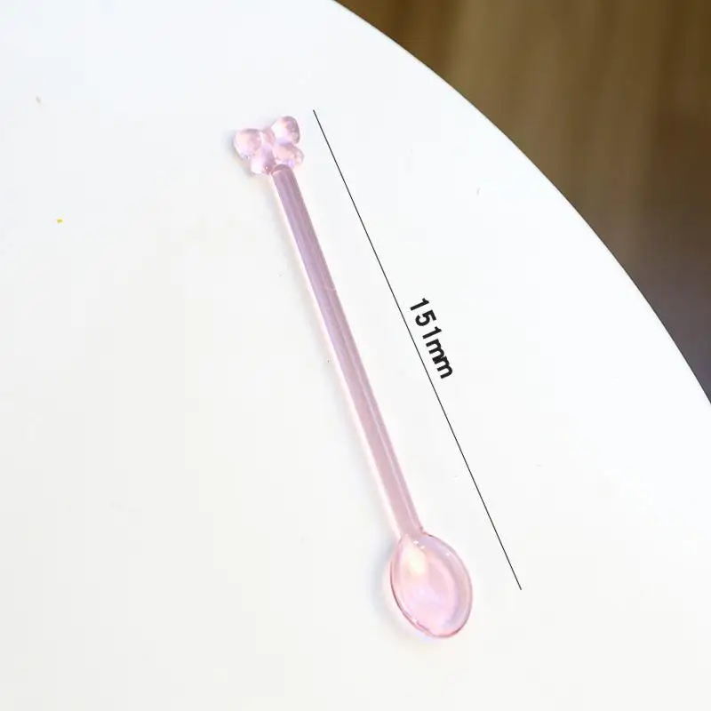 NEW Pink Bow Glass Coffee Spoon, Long-handled Dessert/milk Tea Stirring Spoon, Heat-resistant Teaspoon, Household Kitchen Tool.